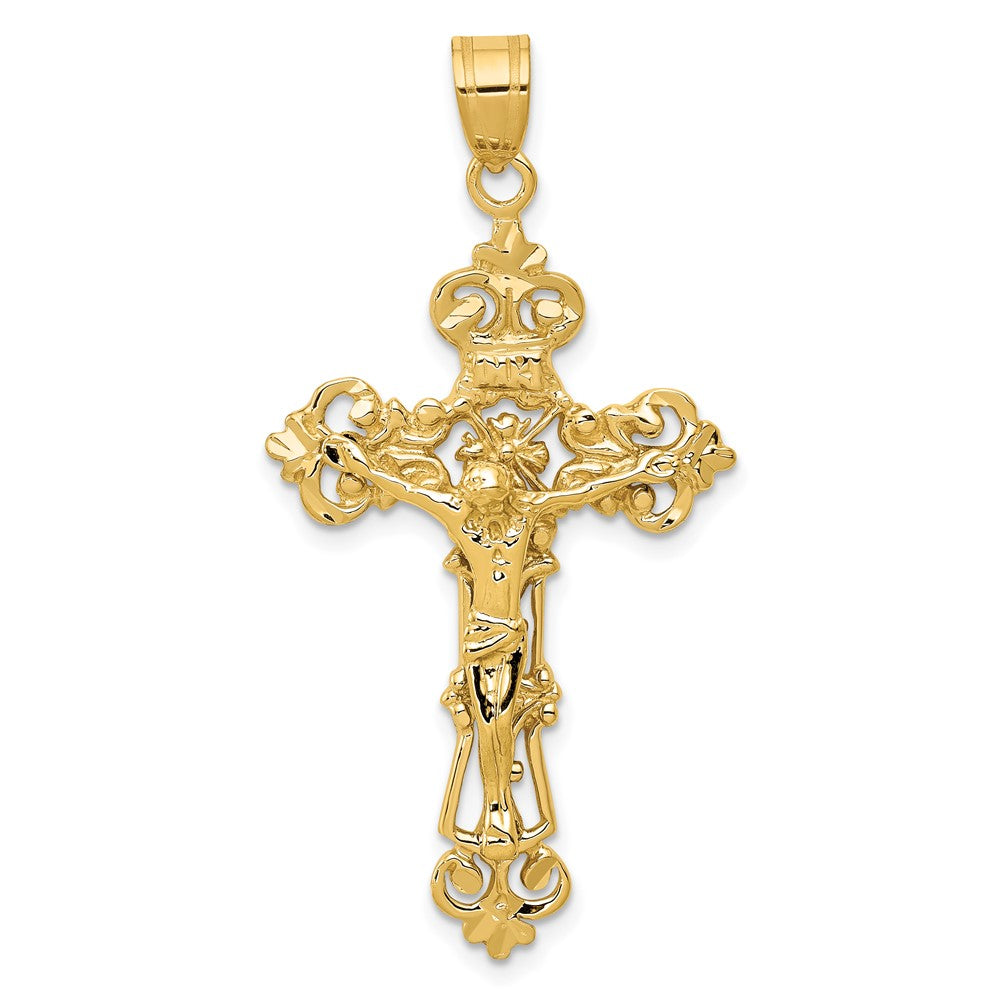 10k Yellow Gold 24 mm INRI Fleur De Lis Jesus Crucifix Pendant (2.79 grams)