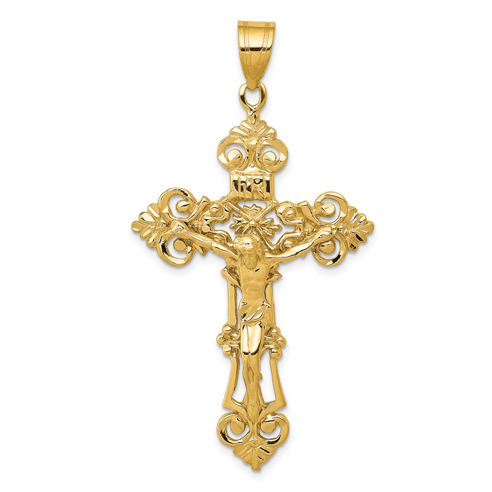 10k Yellow Gold 31 mm INRI Fleur De Lis Jesus Crucifix Pendant (5.09 grams)