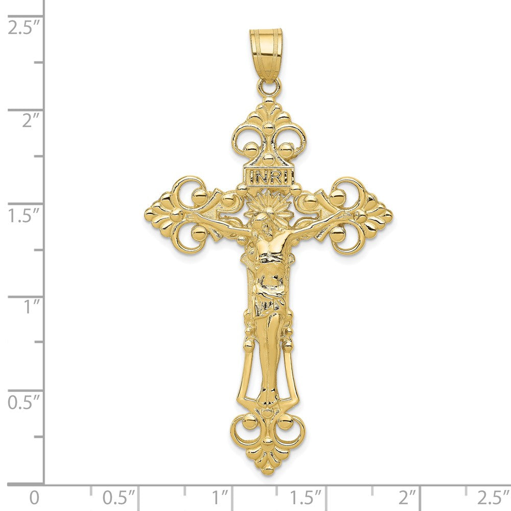 10k Yellow Gold 36 mm INRI Fleur De Lis Jesus Crucifix Pendant (9.64 grams)