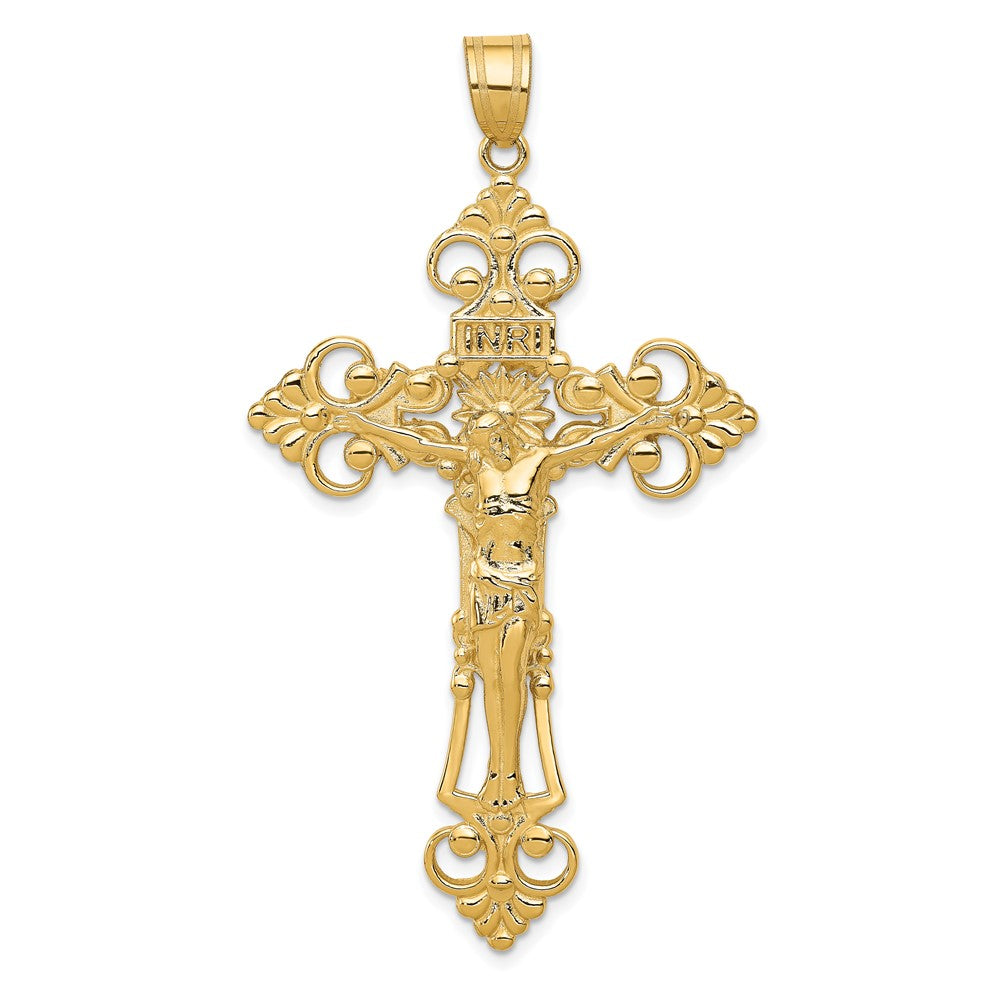 10k Yellow Gold 36 mm INRI Fleur De Lis Jesus Crucifix Pendant (9.64 grams)