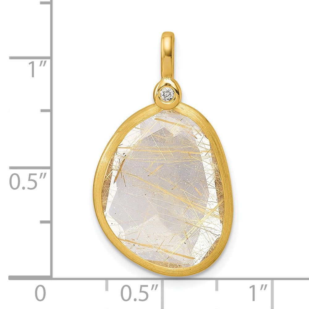 Herco 14K Polished and Satin Diamond and Rutilated Quartz Pendant (2.8 grams)