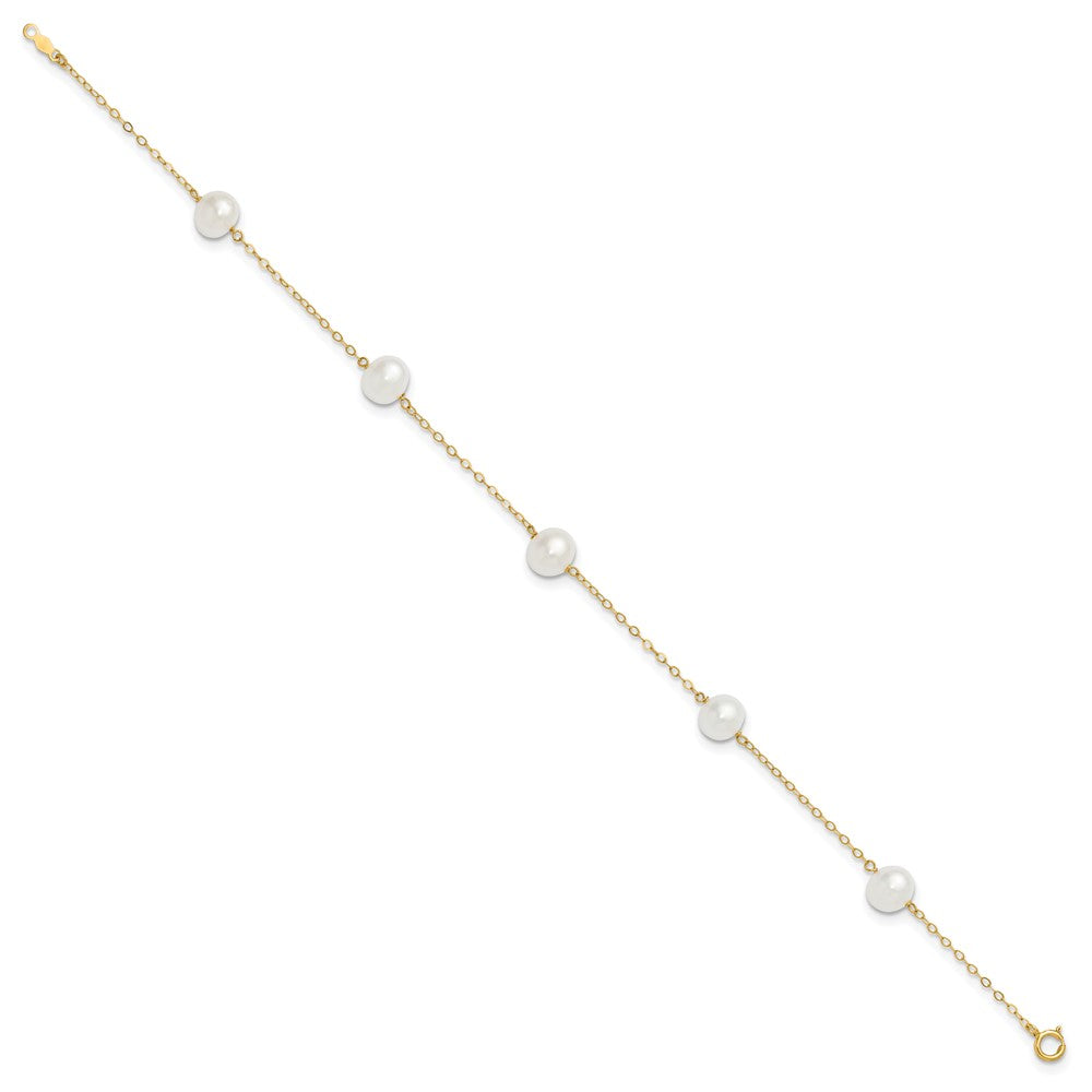 14k Yellow Gold 7.5 mm White Near Round FW Cultured Pearl 5-station in Anklet (2.82 grams)