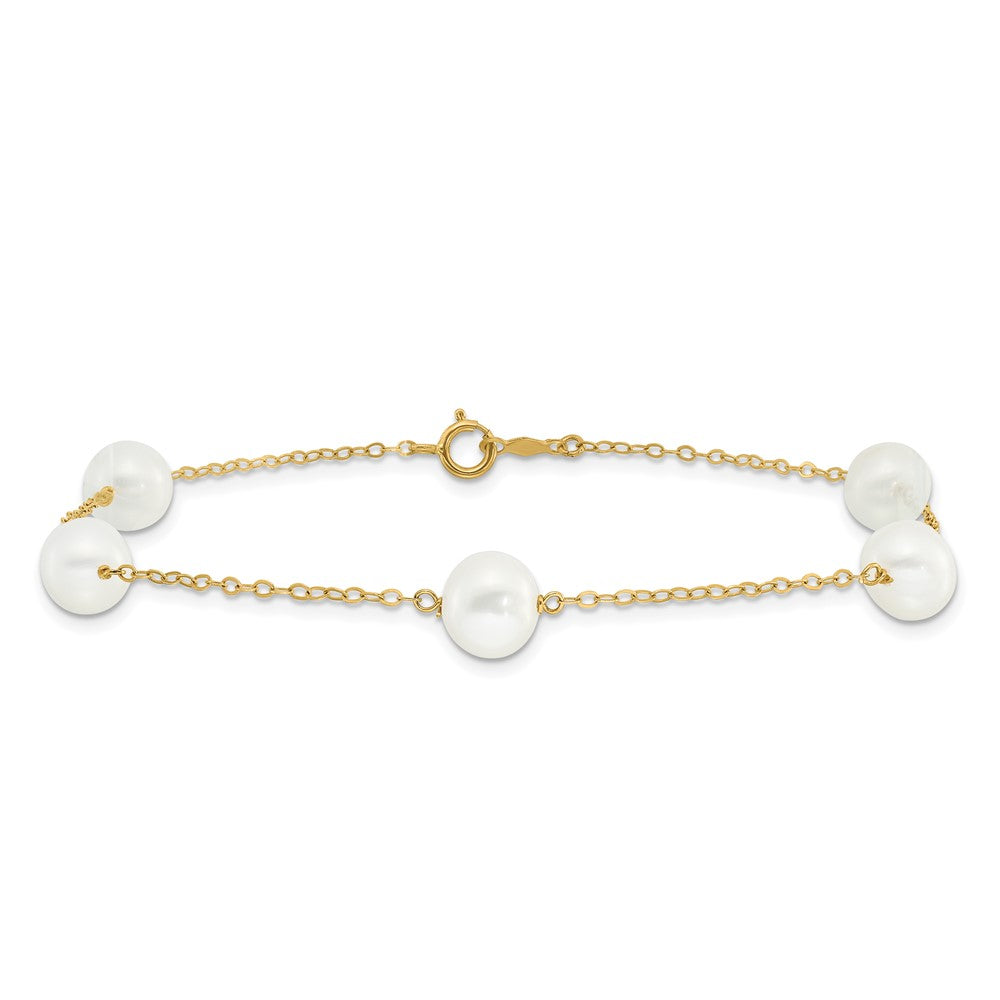 14k Yellow Gold 7.5 mm White Near Round FW Cultured Pearl 5-station in Anklet (2.82 grams)