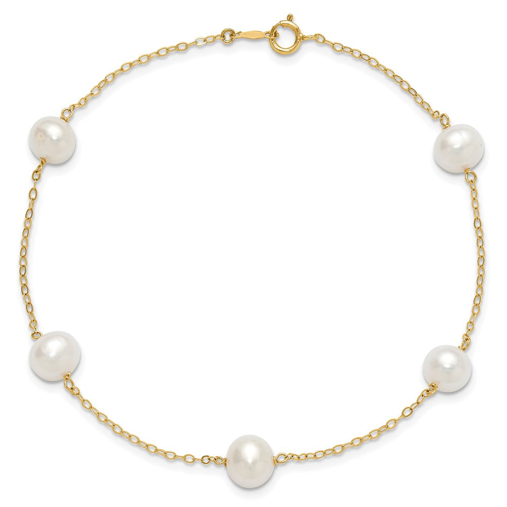 14k Yellow Gold 7.5 mm White Near Round FW Cultured Pearl 5-station in Anklet (2.82 grams)
