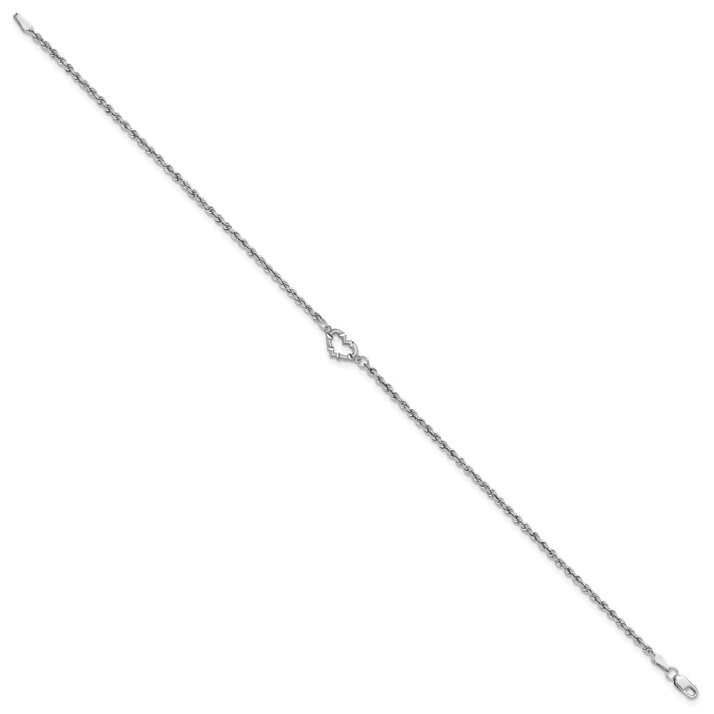 14k White Gold 10 mm Diamond-cut Rope with Heart in Anklet (1.85 grams)