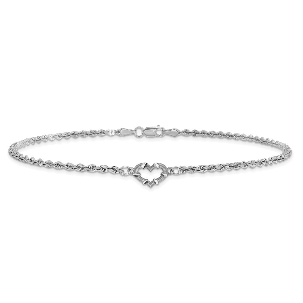 14k White Gold 10 mm Diamond-cut Rope with Heart in Anklet (1.85 grams)