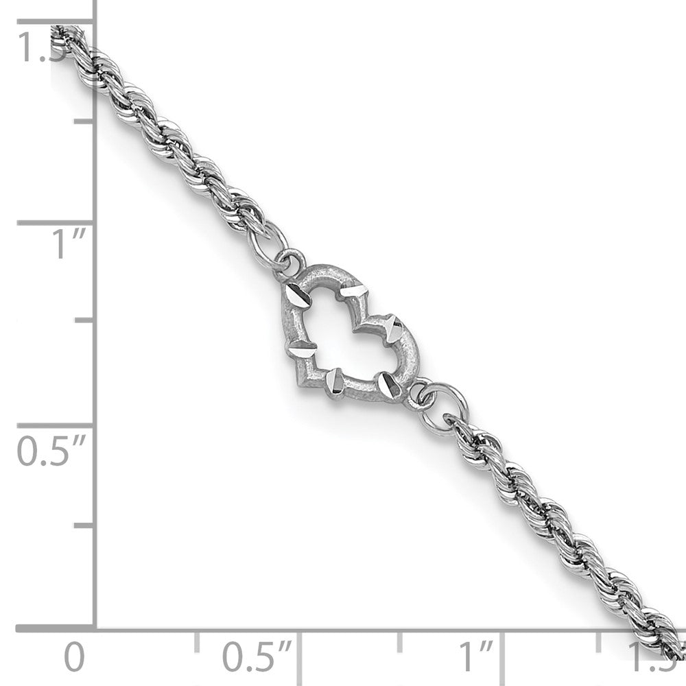 14k White Gold 10 mm Diamond-cut Rope with Heart in Anklet (1.85 grams)