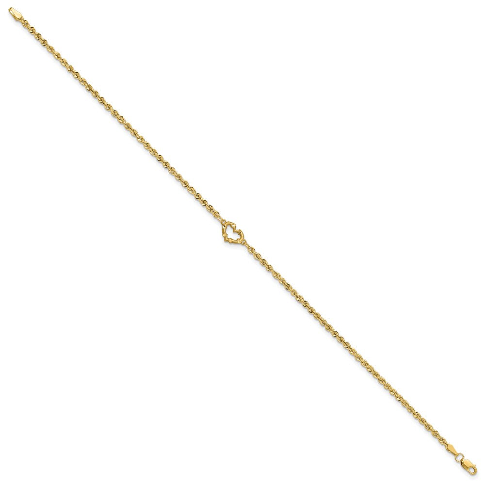 14k Yellow Gold 10 mm Diamond-cut Open Heart Rope inch Anklet (1.88 grams)