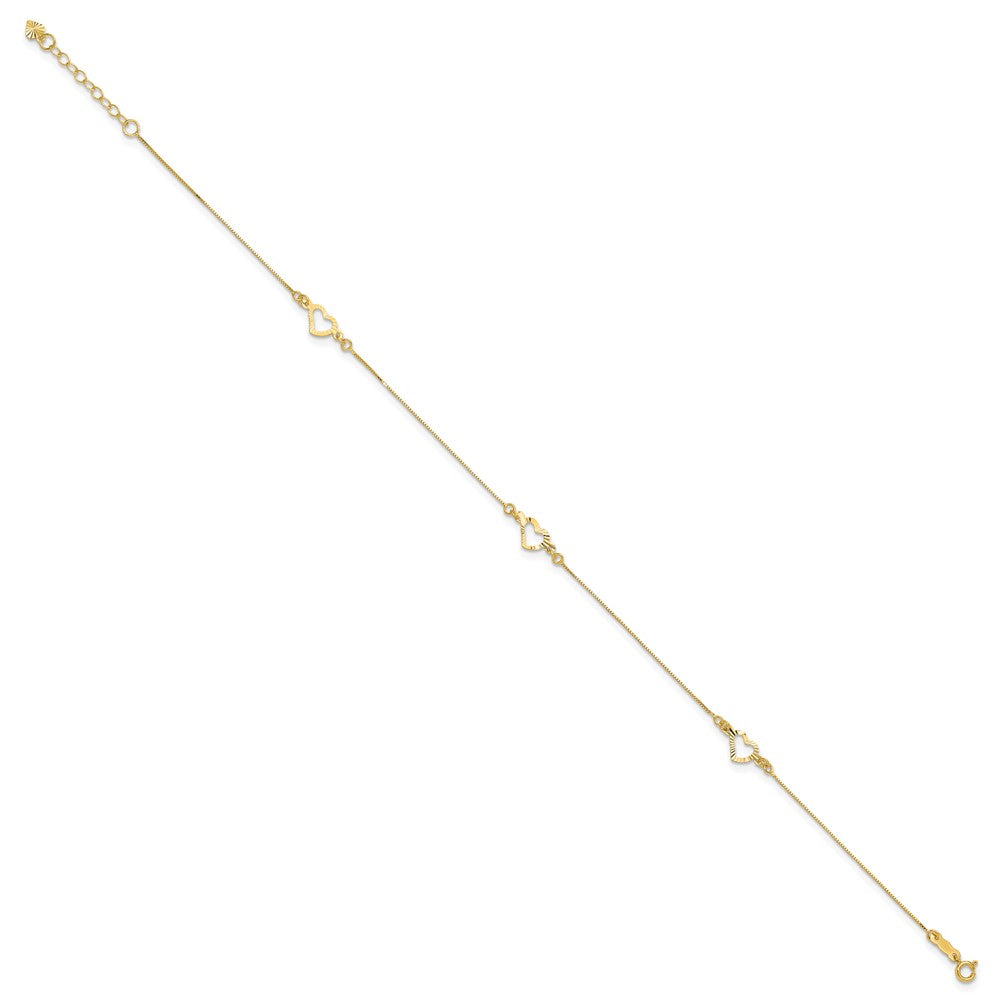 14k Yellow Gold 5.86 mm Diamond-cut Heart 10in Plus 1in ext. Anklet (1.14 grams)