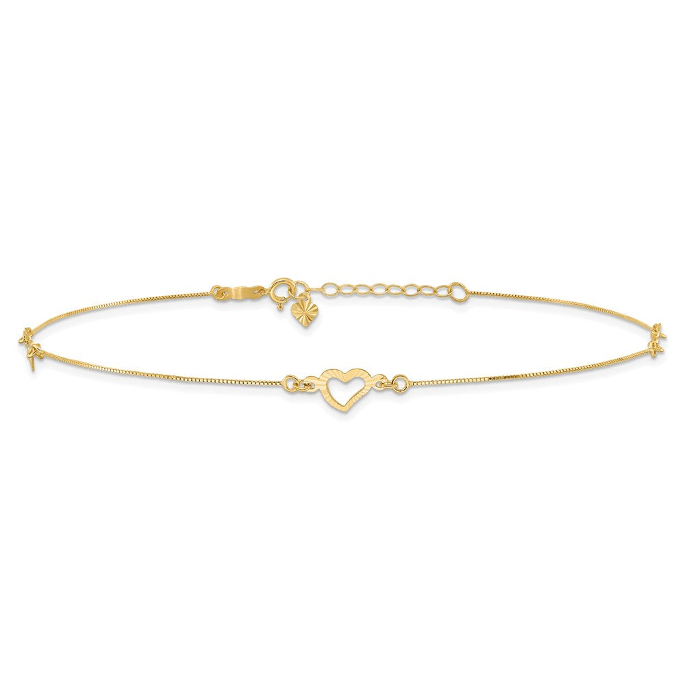 14k Yellow Gold 5.86 mm Diamond-cut Heart 10in Plus 1in ext. Anklet (1.14 grams)