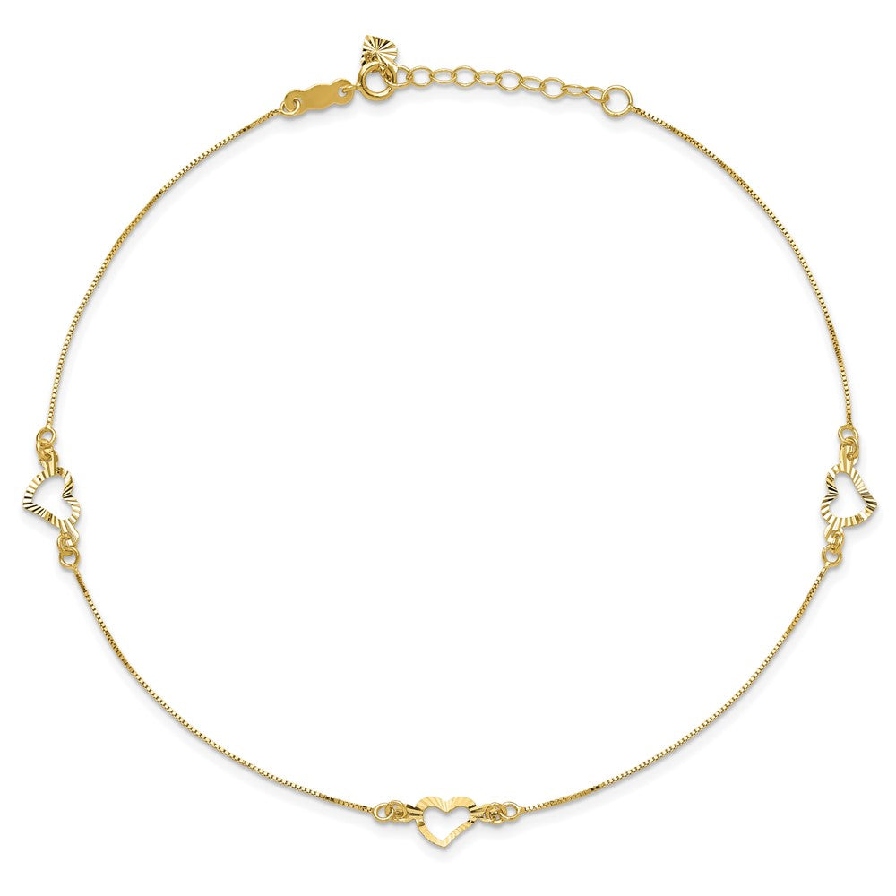 14k Yellow Gold 5.86 mm Diamond-cut Heart 10in Plus 1in ext. Anklet (1.14 grams)