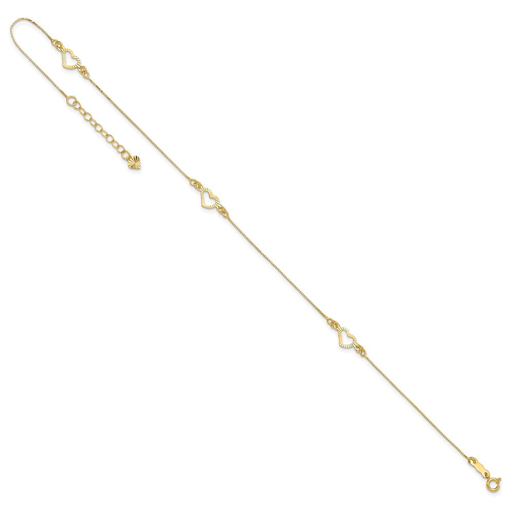 14k Yellow Gold 5.86 mm Diamond-cut Heart 10in Plus 1in ext. Anklet (1.14 grams)