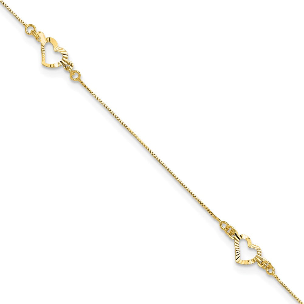 14k Yellow Gold 5.86 mm Diamond-cut Heart 10in Plus 1in ext. Anklet (1.14 grams)