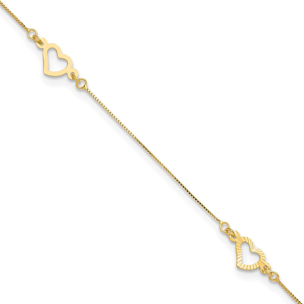 14k Yellow Gold 1 mm 4K Fancy Heart in Plus in ext. Anklet (1.13 grams)