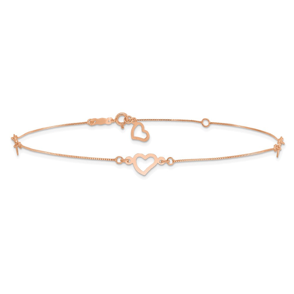 14k Rose Gold 6 mm Adjustable Fancy Heart 9in Plus 1in Ext. Anklet (1.07 grams)