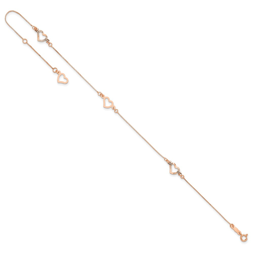 14k Rose Gold 6 mm Adjustable Fancy Heart 9in Plus 1in Ext. Anklet (1.07 grams)