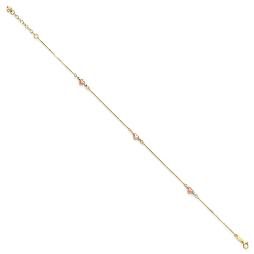 14k Tri-Color 1 mm Puffed Heart in Plus in ext Anklet (1.38 grams)