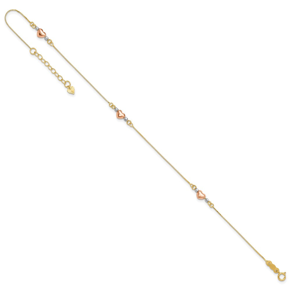 14k Tri-Color 1 mm Puffed Heart in Plus in ext Anklet (1.38 grams)