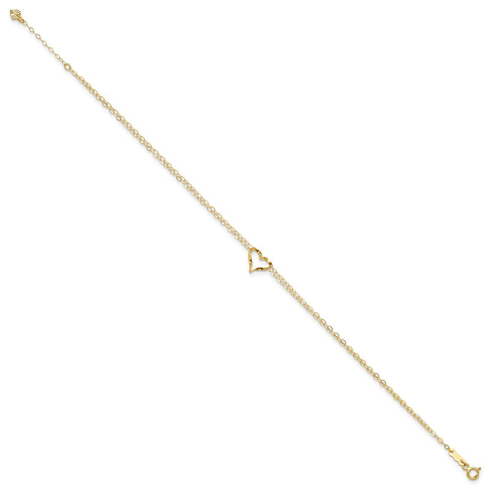 14k Yellow Gold 11 mm Double Strand Heart in Plus 1in ext. Anklet (0.97 grams)