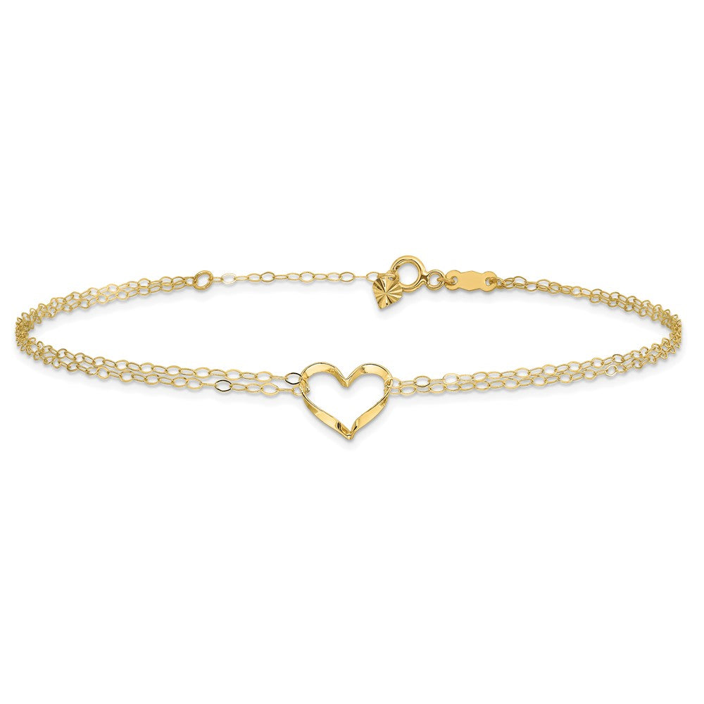 14k Yellow Gold 11 mm Double Strand Heart in Plus 1in ext. Anklet (0.97 grams)