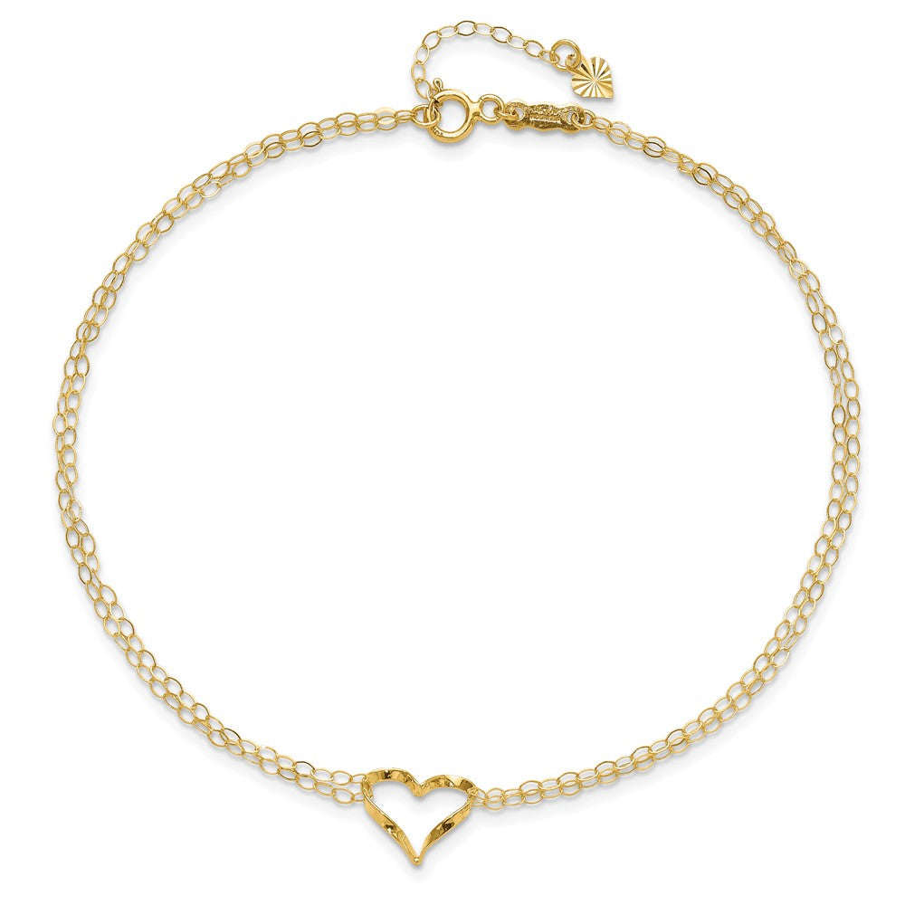 14k Yellow Gold 11 mm Double Strand Heart in Plus 1in ext. Anklet (0.97 grams)