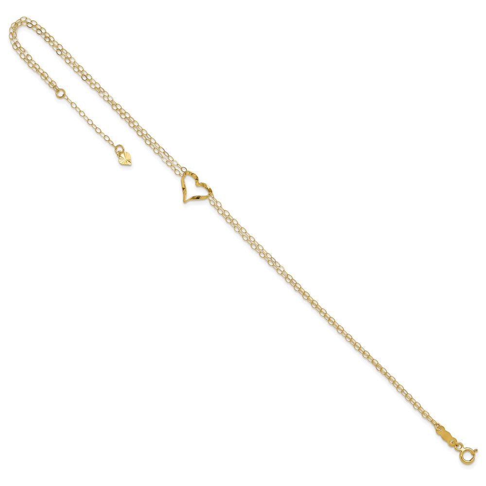 14k Yellow Gold 11 mm Double Strand Heart in Plus 1in ext. Anklet (0.97 grams)