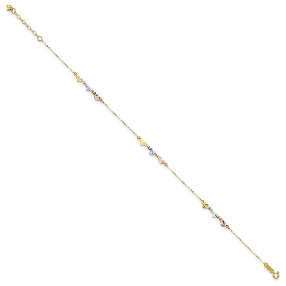 14k Tri-Color 0.75 mm Tri-Color Diamond-cut Hearts in Plus 1in ext Anklet (1.03 grams)