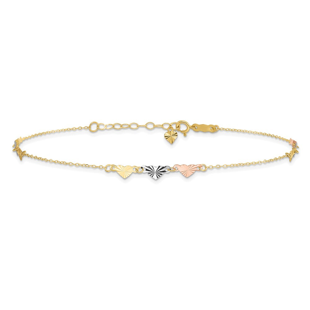 14k Tri-Color 0.75 mm Tri-Color Diamond-cut Hearts in Plus 1in ext Anklet (1.03 grams)