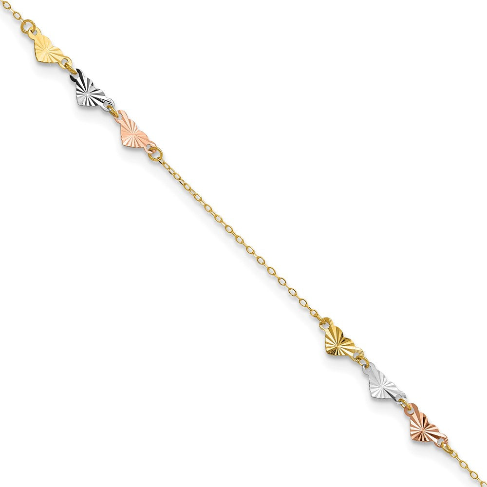 14k Tri-Color 0.75 mm Tri-Color Diamond-cut Hearts in Plus 1in ext Anklet (1.03 grams)