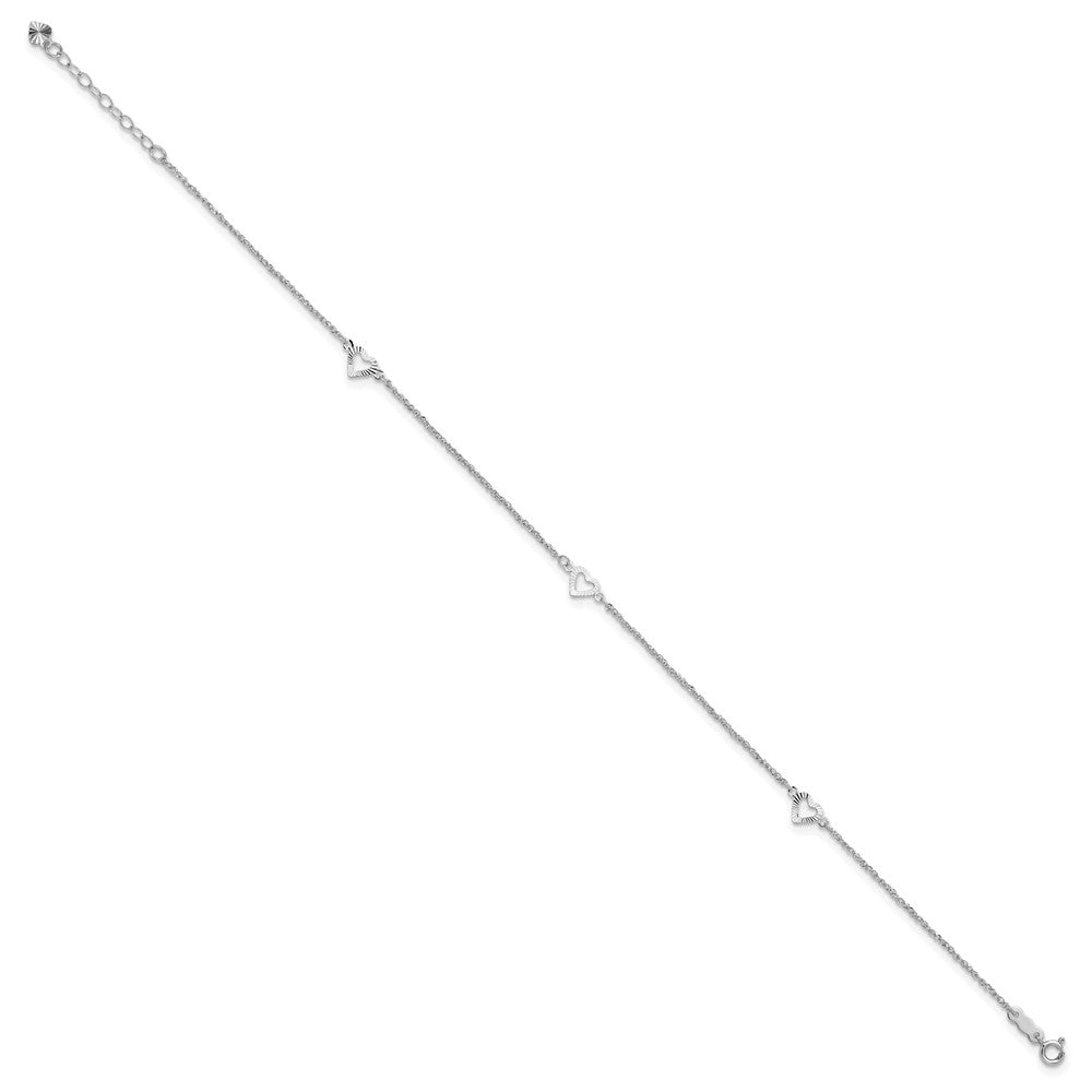 14k White Gold 1.5 mm Diamond-cut Hearts in Plus 1in ext Anklet (0.93 grams)