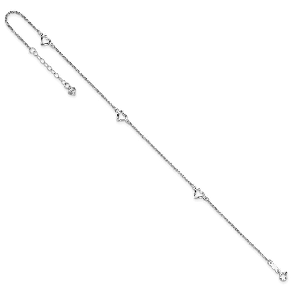 14k White Gold 1.5 mm Diamond-cut Hearts in Plus 1in ext Anklet (0.93 grams)