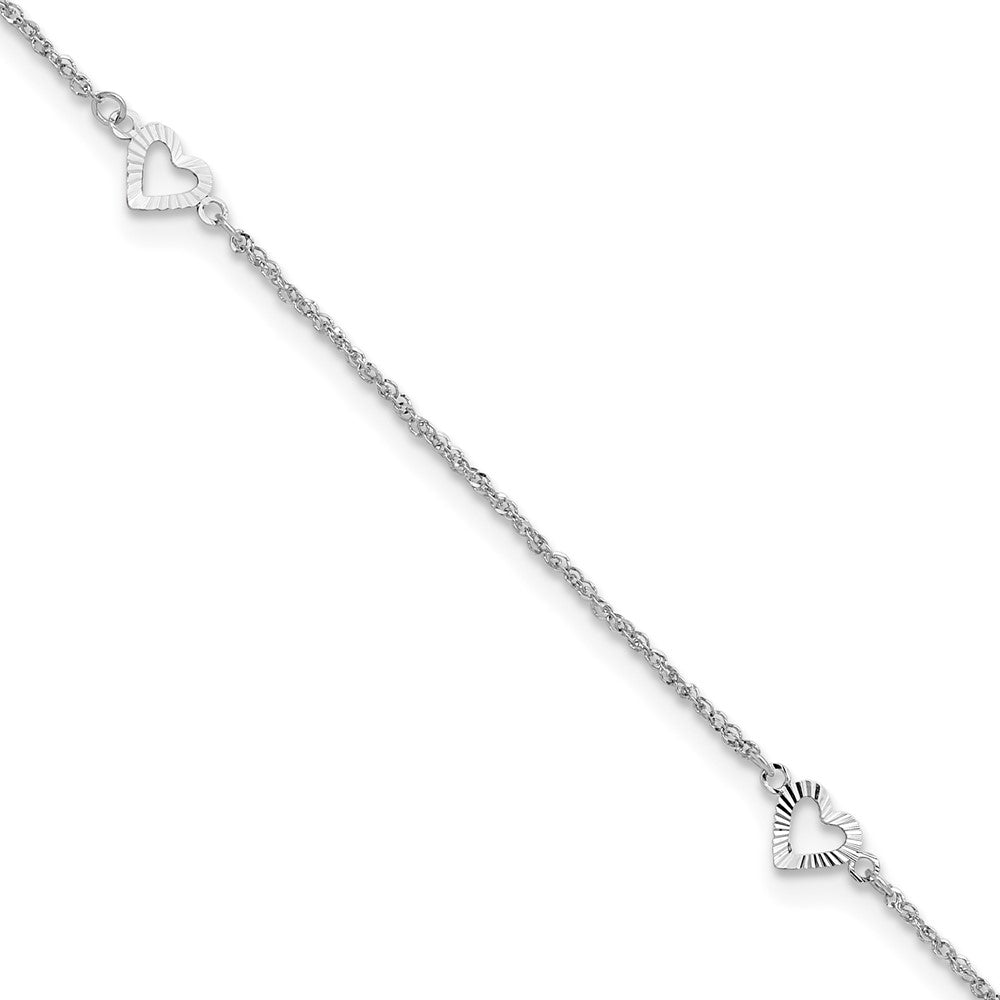 14k White Gold 1.5 mm Diamond-cut Hearts in Plus 1in ext Anklet (0.93 grams)