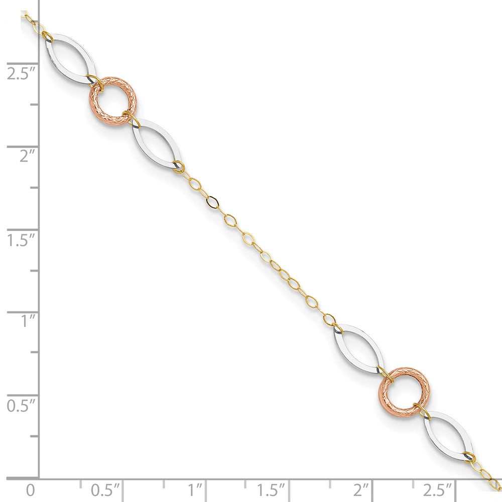 14k Tri-Color 1 mm 4k Tri-color Circle and Oval in Plus in ext. Anklet (1.3 grams)