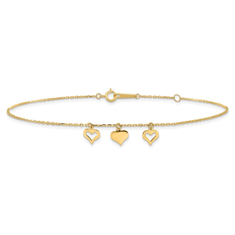 14k Yellow Gold 7 mm 3 Hearts inch Plus 1 inch Extension Anklet (1.12 grams)