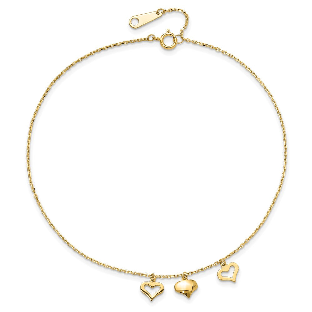 14k Yellow Gold 7 mm 3 Hearts inch Plus 1 inch Extension Anklet (1.12 grams)
