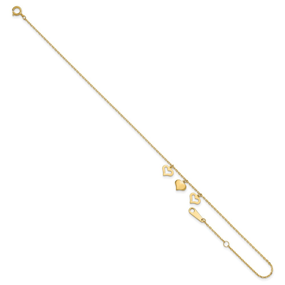 14k Yellow Gold 7 mm 3 Hearts inch Plus 1 inch Extension Anklet (1.12 grams)