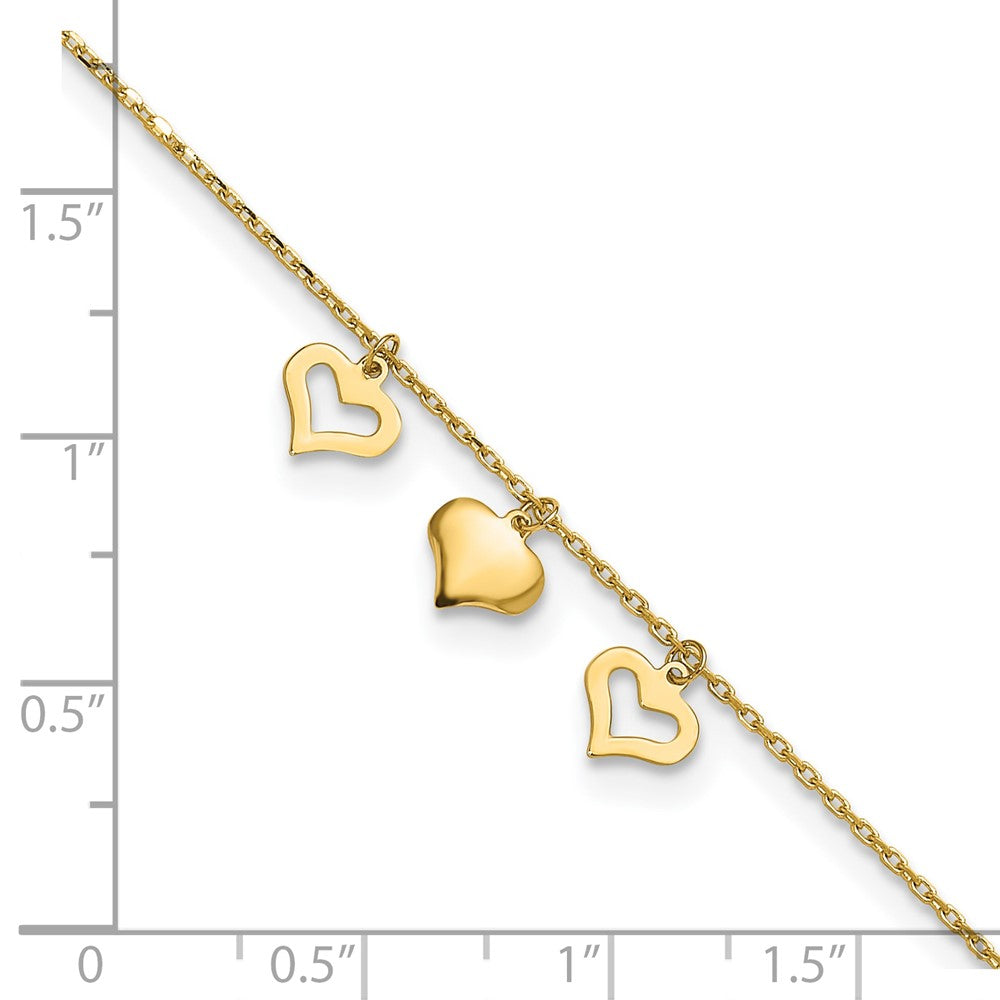 14k Yellow Gold 7 mm 3 Hearts inch Plus 1 inch Extension Anklet (1.12 grams)