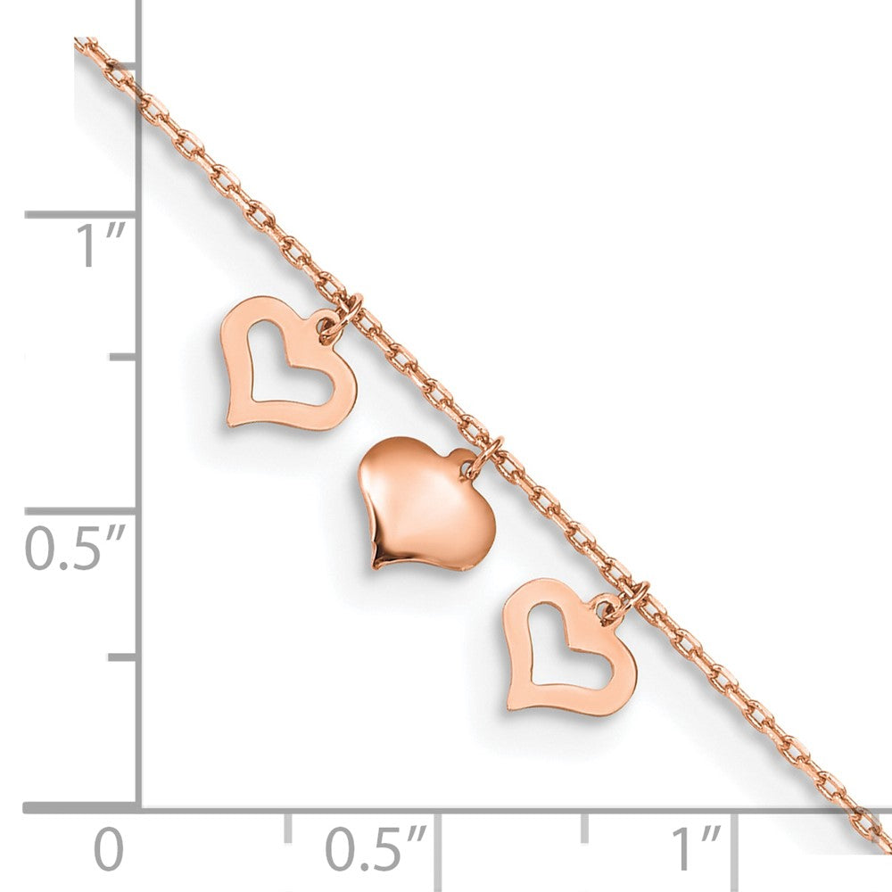 14k Rose Gold 7 mm 3 Hearts 9in Plus 1in Extension Anklet (1.08 grams)
