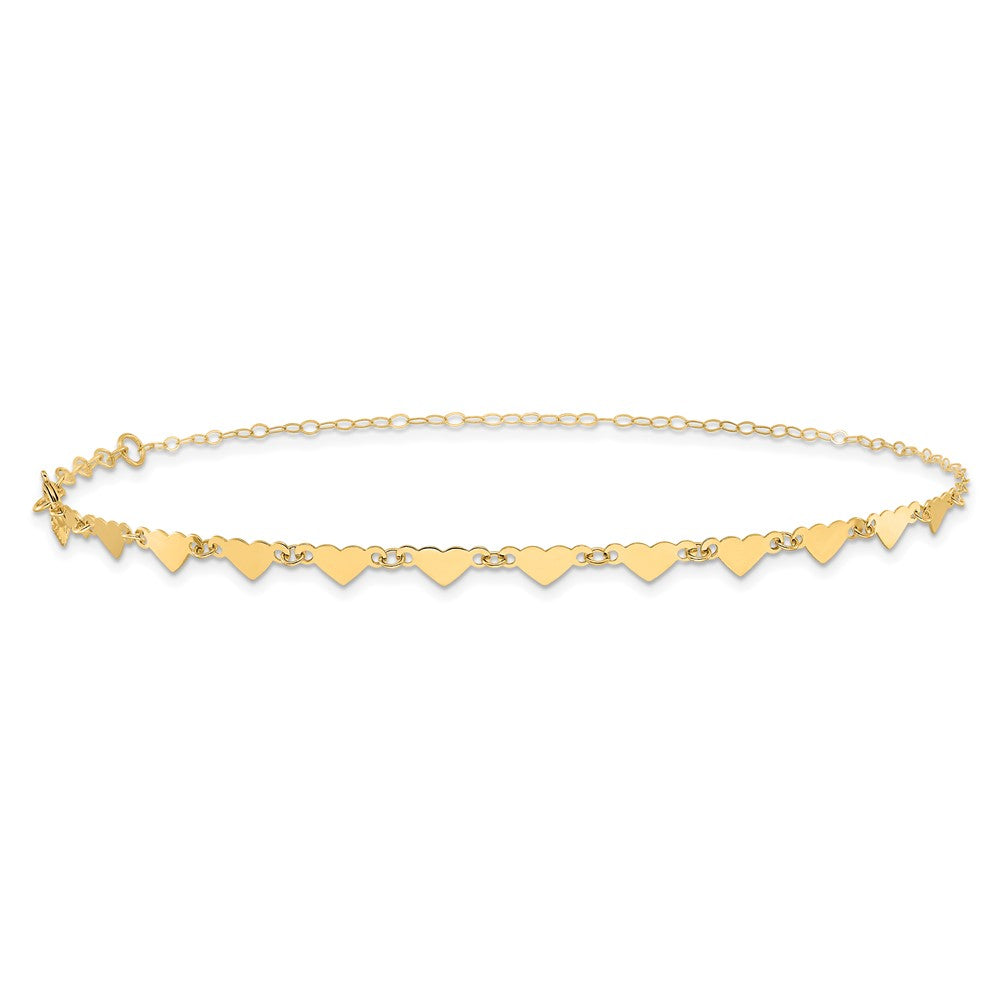 14k Yellow Gold 1 mm 4K Oval Link Chain with Hearts in Plus in Ext Anklet (1.2 grams)