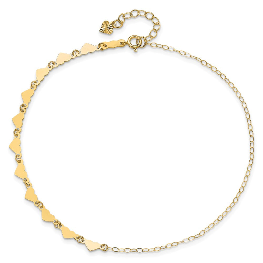 14k Yellow Gold 1 mm 4K Oval Link Chain with Hearts in Plus in Ext Anklet (1.2 grams)