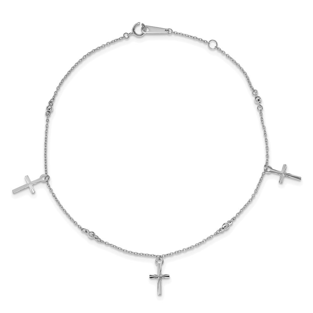 14k White Gold 13 mm Polished and Diamond-cut Cross 9in Plus 1in ext. Anklet (1.65 grams)