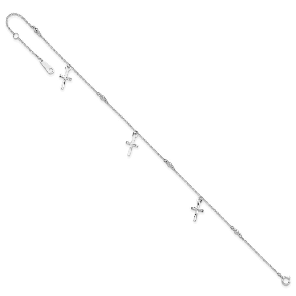 14k White Gold 13 mm Polished and Diamond-cut Cross 9in Plus 1in ext. Anklet (1.65 grams)