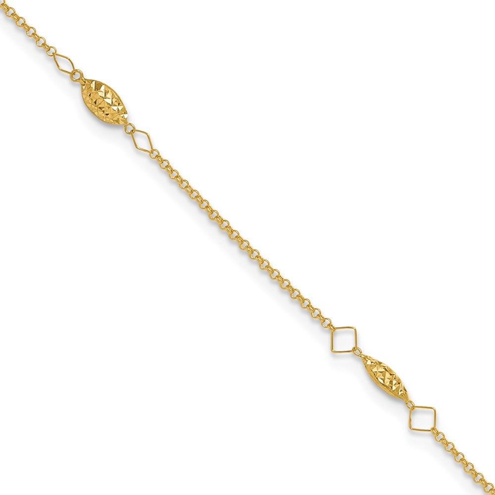 14k Yellow Gold 4 mm Circle Chain Diamond Cut Rice Puff Beads 10in Plus 1in Ext Anklet (1.37 grams)