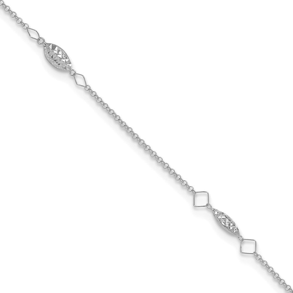14k White Gold 4 mm  Circle Chain Diamond Cut Rice Puff Beads 9in Plus 1in Ext An (1.27 grams)