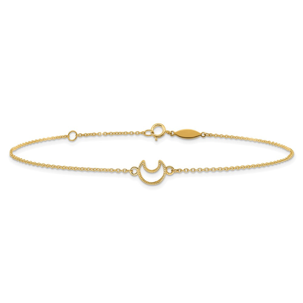 14k Yellow Gold Gold Textured and Polished Moon in Plus 1in ext. Anklet (1.33 grams)