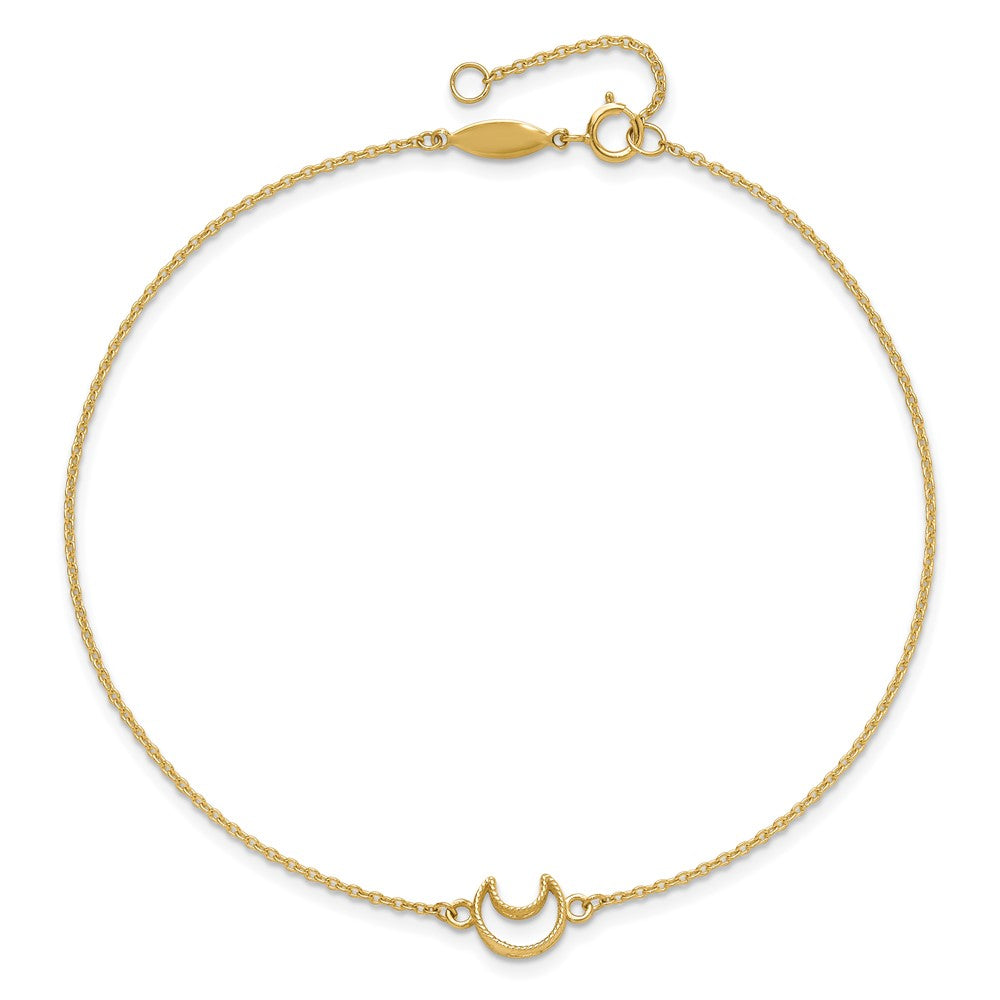 14k Yellow Gold Gold Textured and Polished Moon in Plus 1in ext. Anklet (1.33 grams)