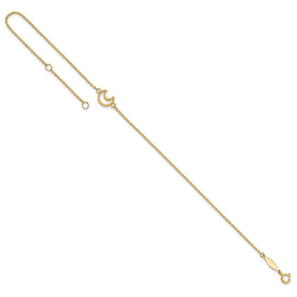 14k Yellow Gold Gold Textured and Polished Moon in Plus 1in ext. Anklet (1.33 grams)