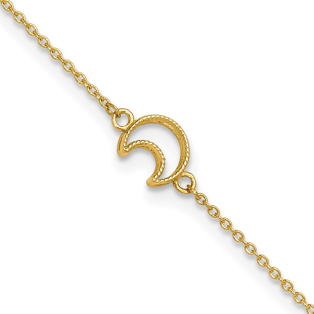 14k Yellow Gold Gold Textured and Polished Moon in Plus 1in ext. Anklet (1.33 grams)
