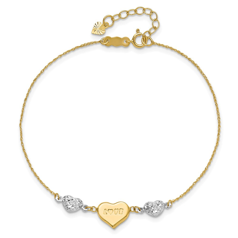 14k Two-tone 1 mm 4K Two Tone Puffed LOVE Heart & D/C Hearts Bracelet (1.21 grams)