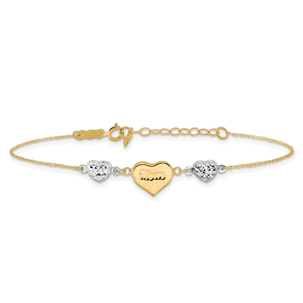 14k Two-tone 1 mm 4K Two Tone Puffed MOM Heart in w/ In Ext Bracelet (1.2 grams)